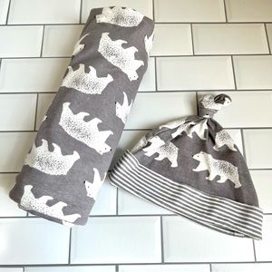 Polar Bear Stretchy Cotton Swaddle & Top Knot Hat Gray White Baby Essentials